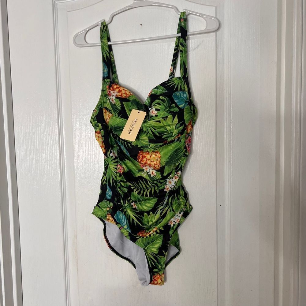 Ekouaer‎ Tropical Pineapple Print One-Piece Swimsuit Beach Vacation Swimwear L